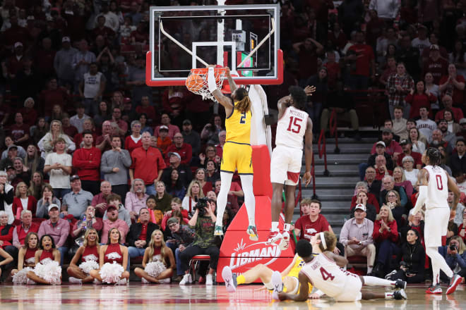 Former UNC Greensboro Spartans forward Mikeal Brown-Jones (2) dunks the ball in the second half against the Arkansas Razorbacks at Bud Walton Arena. Spartans won 78-72. Mandatory Credit: Nelson Chenault-USA TODAY Sports