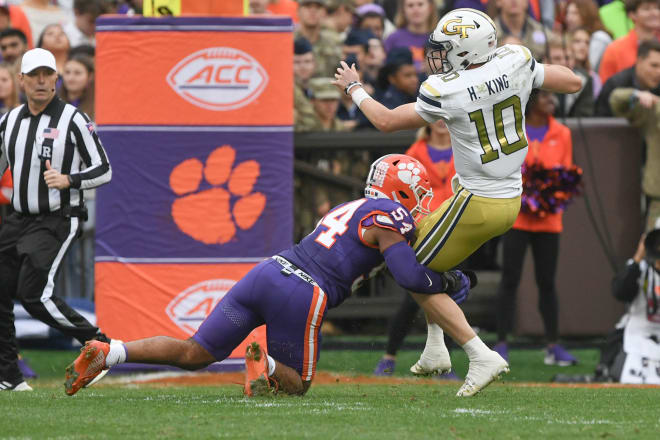 Haynes King was running for his life a lot in the game as Clemson sacked him four times and hurried him three other times