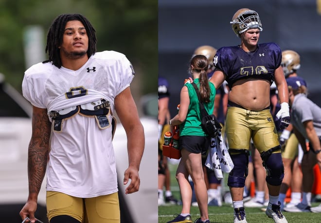 Notre Dame safety Xavier Watts (left) and Joe Alt on Thursday became the 31st and 32nd unanimous All-Americans in Notre Dame football history.