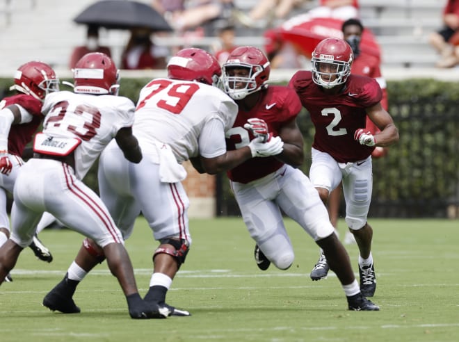 Alabama offensive tackle Chris Owens (79) is on of several Crimson Tide players working at multiple spots this offseason. Photo | Alabama Athletics 