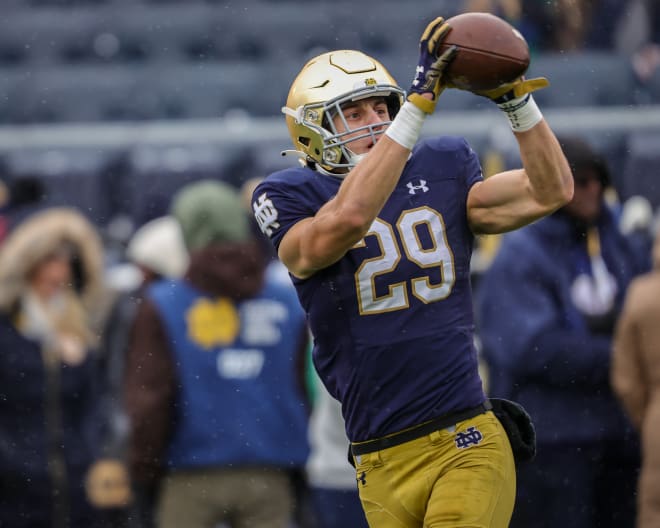 Matt Salerno catches a pass in pregame warmups at Notre Dame Stadium.