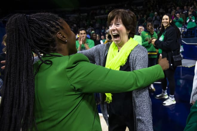 Current Notre Dame women's basketball coach Niele Ivey (left)_and Hall-of-Famer Muffet McGraw embrace after an Irish win over UConn last season.