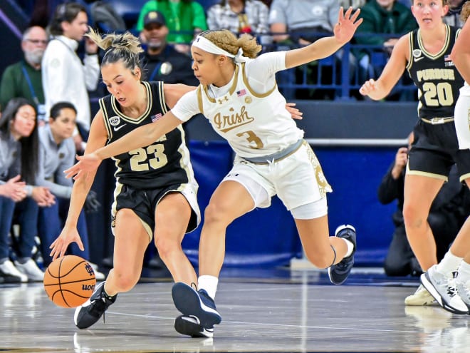 Notre Dame guard Hannah Hidalgo, right, played a key role in forcing Purdue into 21 turnovers Sunday.