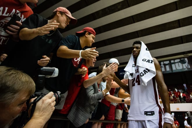  Alabama Crimson Tide forward Brandon Miller (24) high fives fans after his team's win against the Longwood Lancers at Coleman Coliseum Monday, Nov. 7, 2022, in the season opening game at Coleman Coliseum. Photo | Will McLelland / USA TODAY NETWORK