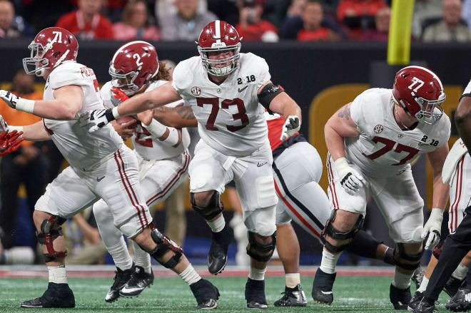 Alabama Crimson Tide offensive lineman Jonah Williams (73) looks to make a block during the College Football Playoff National Championship Game between the Alabama Crimson Tide and the Georgia Bulldogs on January 8, 2018 at Mercedes-Benz Stadium in Atlanta. Photo | Getty Images