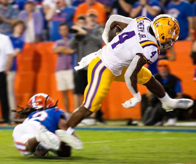 LSU running back John Emery Jr.'s 7-yard touchdown catch of a Jayden Daniels pass in the Tigers' 45-35 win at Florida on Oct. 15 is LSU's only first-quarter TD in an SEC game this season.  