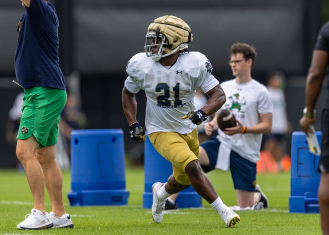 Notre Dame freshman running back Kedren Young (21) continues to push to be a top backfield option on third downs.