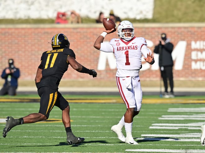 Arkansas quarterback KJ Jefferson attempts a pass during the 2020 loss at Missouri.