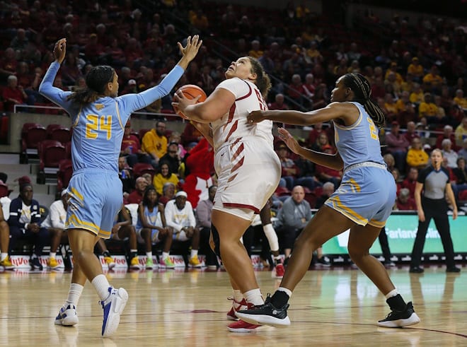 Iowa State Cyclones center Audi Crooks (55) goes for a shot between Southern Lady Jaguars guard Kyanna Morgan (24) and Southern Lady Jaguars center Tionna Lidge (21) during the first quarter in the NCAA women's basketball at Hilton Coliseum on Monday, Nov. 20, 2023, in Ames, Iowa.