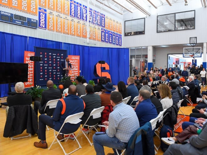 Mar 10, 2023; Syracuse, New York, USA; Syracuse Orange head coach Adrian Autry speaks during a press conference at the Carmelo K. Anthony Basketball Center. Mandatory Credit: Rich Barnes-USA TODAY Sports
