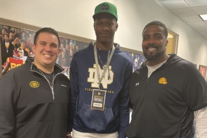 Jarius Rodgers, pictured above, visited Notre Dame football Saturday after picking up an offer on Sunday during Pot of Gold Day. Rodgers is a three-star recruit out of Fleming Island (Fla.) High.