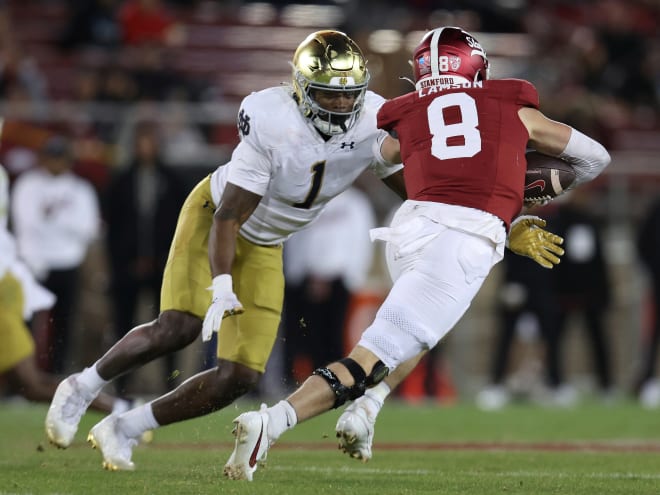 Notre Dame football scored a special teams touchdown on Saturday in its win at Stanford. Javontae Jean-Baptiste returned a blocked field-goal attempt for a touchdown and showed off his skills as a former running back.