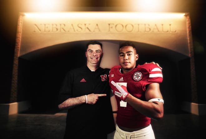 NU assistant coach Ryan Held with new Husker receiver commit Will Nixon.