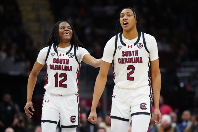 Apr 5, 2024; Cleveland, OH, USA; South Carolina Gamecocks forward Ashlyn Watkins (2) and guard MiLaysia Fulwiley (12) react in the fourth quarter against the NC State Wolfpack in the semifinals of the Final Four of the womens 2024 NCAA Tournament at Rocket Mortgage FieldHouse. Mandatory Credit: Kirby Lee-USA TODAY Sports