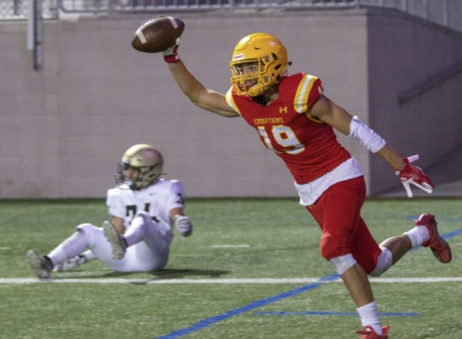 Salinas (Calif.) Palma High wide receiver Logan Saldate (19) committed to Notre Dame on Friday.