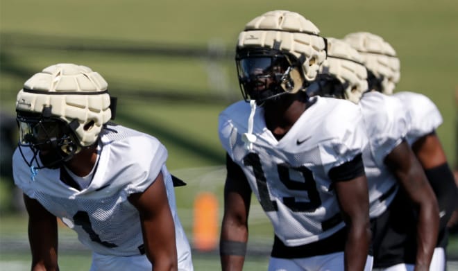 Purdue Boilermakers defensive back Markevious Brown (1) runs a drill Friday, Aug. 9, 2024, during Purdue football practice at Bimel Outdoor Practice Complex in West Lafayette, Ind. © Alex Martin/Journal and Courier / USA TODAY NETWORK