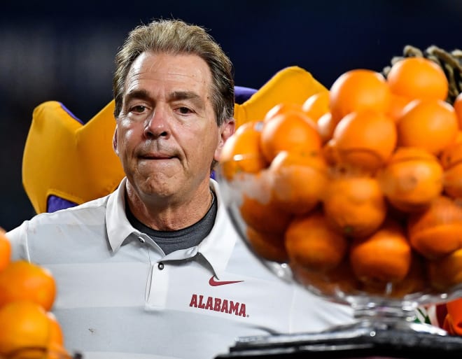 Alabama Crimson Tide head coach Nick Saban looks on after defeating the against the Oklahoma Sooners in the 2018 Orange Bowl college football playoff semifinal game at Hard Rock Stadium.