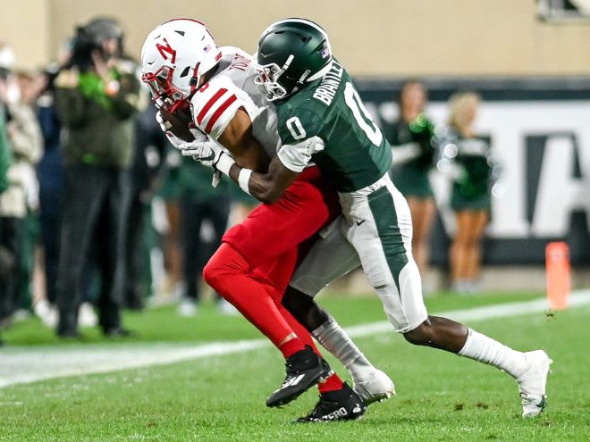 Michigan State cornerback Charles Brantley versus Nebraska in 2021. 