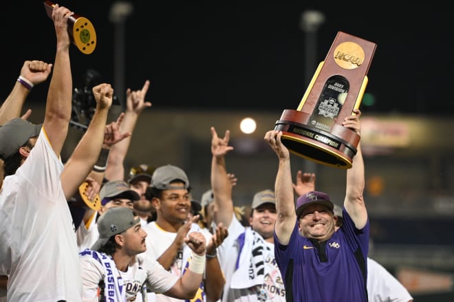 Men's Champion Gold LSU Tigers Six-Time Baseball National Champions T-Shirt