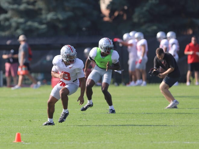 Ohio State safeties Cam Martinez and Sonny Styles go through a drill during Friday's practice. (Birm/DTE)