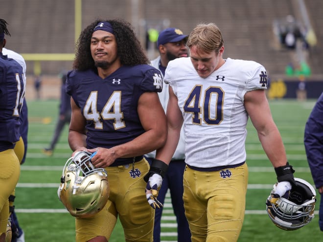 Junior Tuihalamaka (44) and Joshua Burnham (40) are working for larger roles as vyper defensive ends for Notre Dame in 2023.