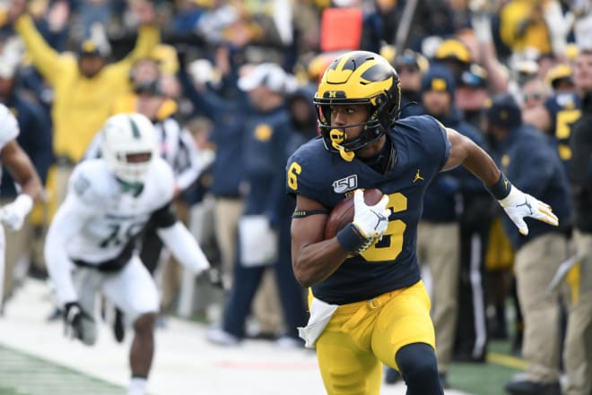 Michigan Wolverines football wideout Cornelius Johnson scored the first touchdown of his career against Michigan State in 2019, a 44-10 win.