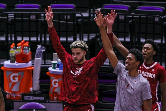 Alabama Crimson Tide bench reacts after a three point basket against the LSU Tigers during the second half at Pete Maravich Assembly Center. Photo | Imagn