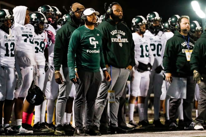 Cass Tech head coach Marvin Rushing and team watches from the sideline against Detroit King on Oct. 14, 2022.