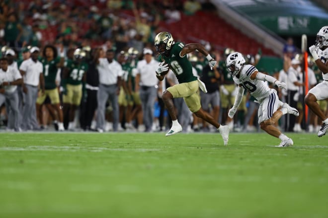 Sep 3, 2022; Tampa, Florida, USA; South Florida Bulls wide receiver Xavier Weaver (10) runs for yards after a catch during the first half against the Brigham Young Cougars at Raymond James Stadium.