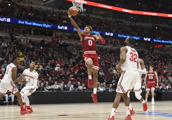 Indiana freshman guard Romeo Langford (0) goes to the basket during the second half against Ohio State in the Big Ten conference tournament at United Center on March 14. Langford injured his back in the contest and will not play in Tuesday's NIT opener. 