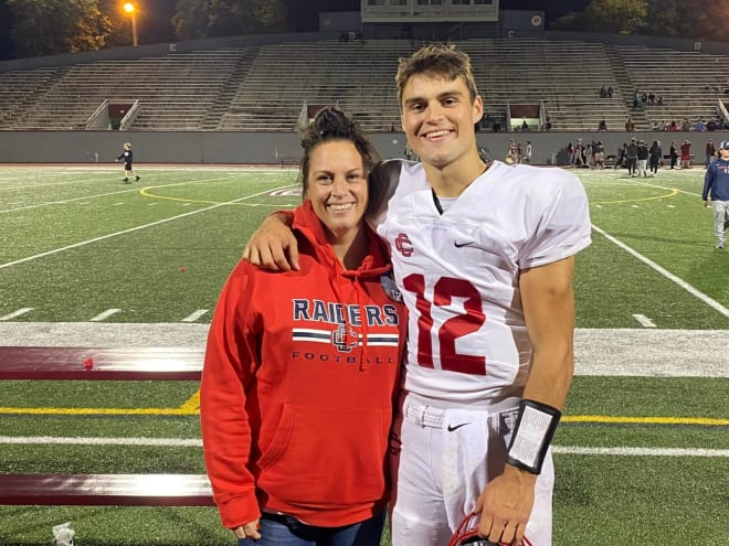 Quarterback Blake Hebert, right, poses with his mother. Hebert, a 2025 recruit, received a Notre Dame offer Saturday.