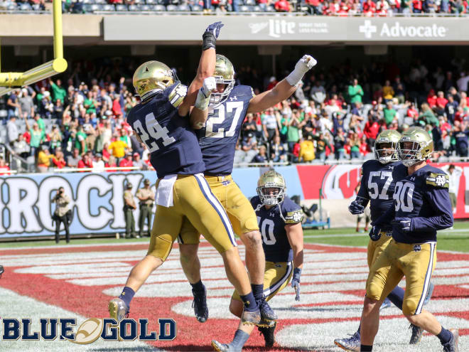 Notre Dame Fighting Irish football linebackers Jack Kiser (No. 24) and JD Bertrand (No. 27)