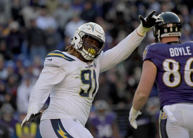 Defensive tackle Justin Jones made his first career start and had a sack in the Los Angeles Chargers’ 23-17 win at Baltimore on Sunday.