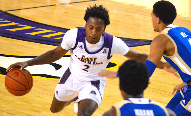 Tristen Newton and ECU suffered through a tough shooting night and fell hard at home to Tulsa 65-49. (PirateIllustrated.com photo)