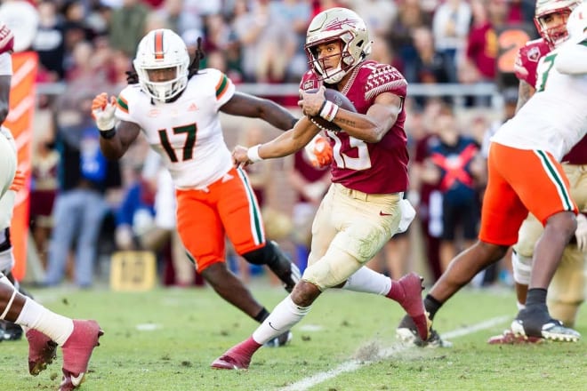 FSU quarterback Jordan Travis runs Saturday against Miami.