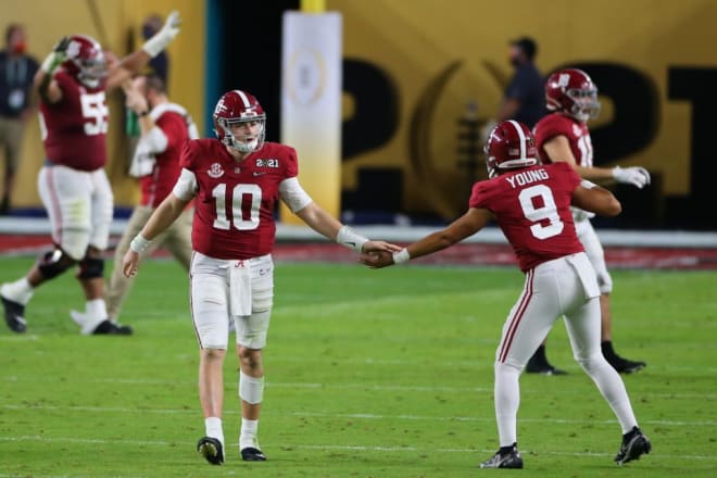 Mac Jones is handing off starting QB duties to Bryce Young at Alabama. (Photo by David Rosenblum/Icon Sportswire via Getty Images)