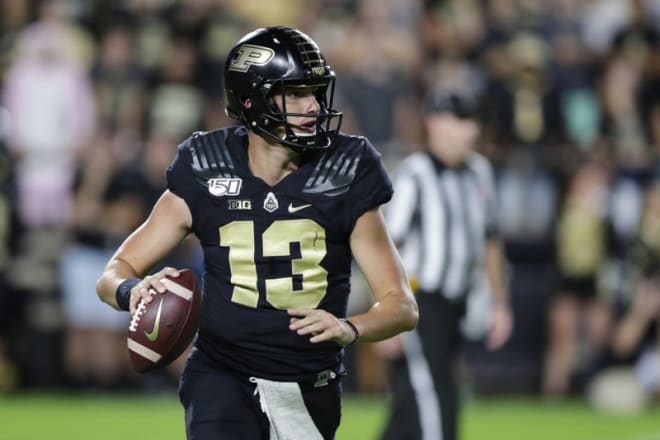 Purdue Boilermakers quarterback Jack Plummer prepares to take on the Notre Dame Fighting Irish football