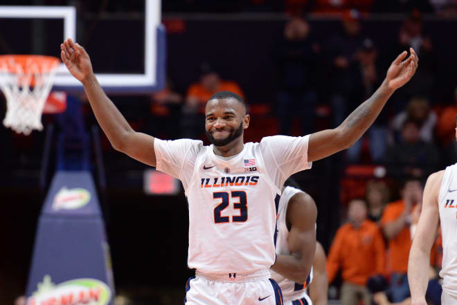 Illinois Fighting Illini guard Aaron Jordan (23) pumps up the crowd during the Big Ten Conference college basketball game between the Rutgers Scarlet Knights and the Illinois Fighting Illini on February 9, 2019, at the State Farm Center in Champaign, Illinois.