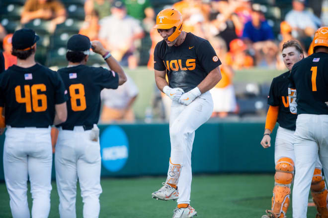 Tennessee outfielder Griffin Merritt (10) celebrates after hitting a home run during a NCAA baseball regional game between Tennessee and Charlotte held at Doug Kingsmore Stadium in Clemson, S.C., on Friday, June 2, 2023.
