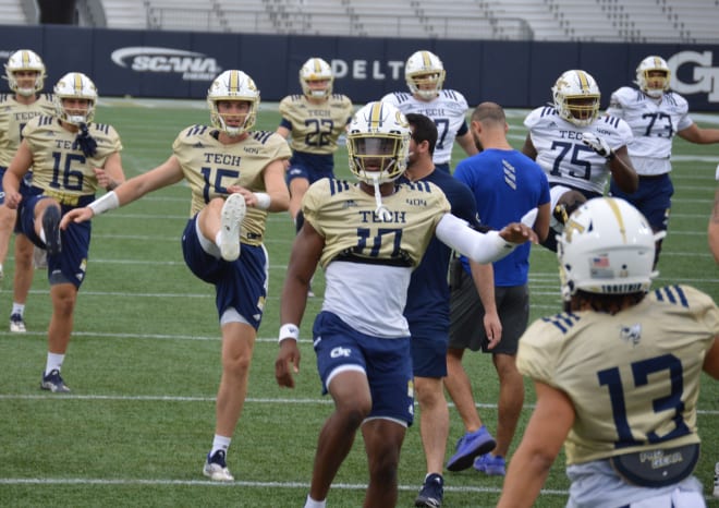 Georgia Tech's QBs Jordan Yates, Jeff Sims, Trad Beatty and Chayden Peery in warmups 