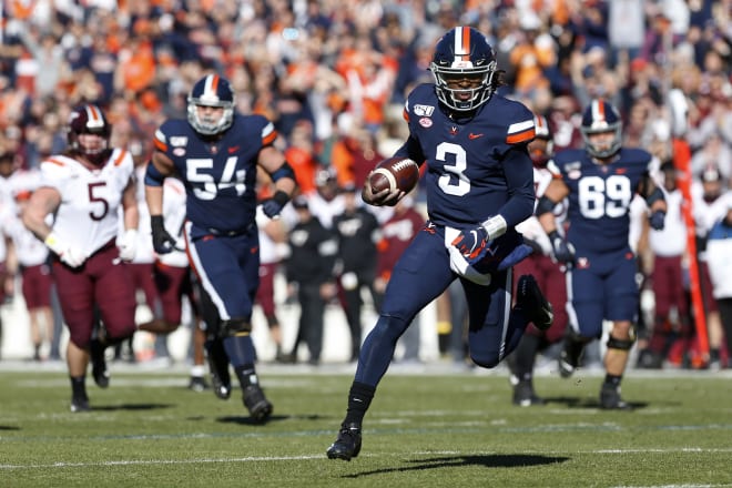 Bryce Perkins broke a pair of first-quarter touchdown runs in UVa's 2019 win at home against the Hokies.