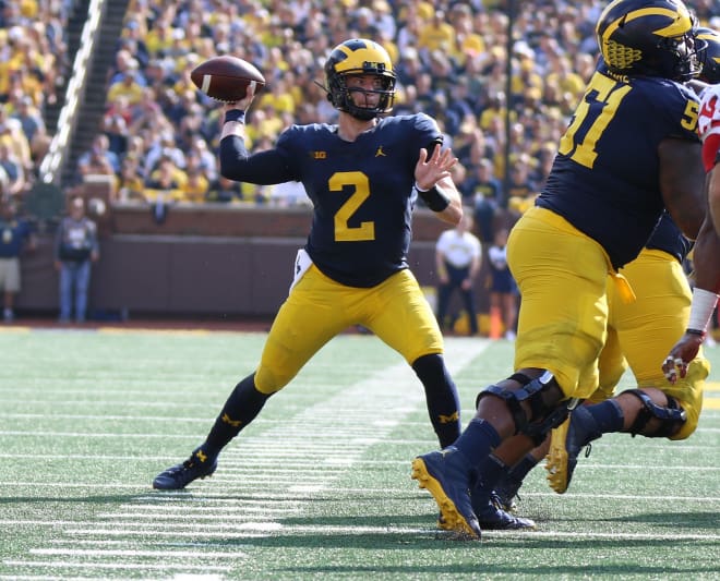 Michigan football senior quarterback Shea Patterson threw for 260 yards and three touchdowns with no interceptions in a 42-7 win over Rutgers last year. It was the second-highest yardage total he's posted at U-M (behind 282 versus Maryland). 
