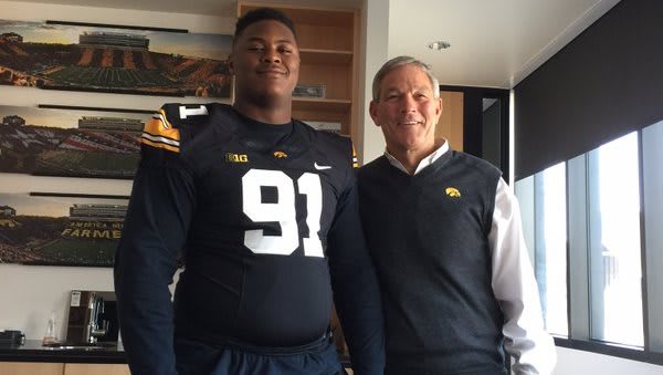 Class of 2018 defensive tackle Trevor Trout with Iowa head coach Kirk Ferentz.