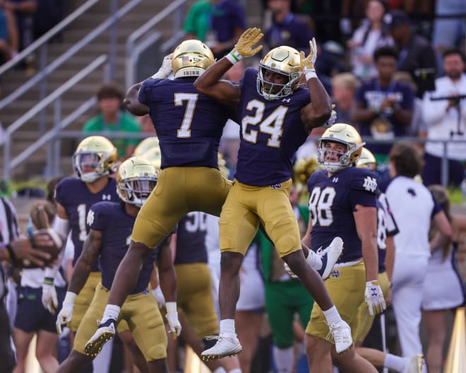 Notre Dame's running backs, including Audric Estimé (7) and Jadarian Price (24), have had plenty to celebrate through two games.
