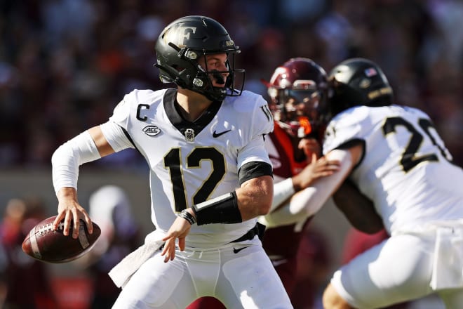 Wake Forest quarterback Mitch Griffis winds up for a throw against Virginia Tech earlier this year. 