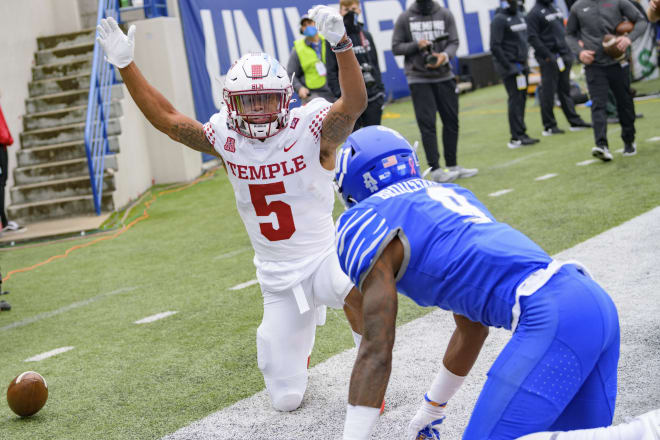 Temple wide receiver Jadan Blue celebrates a touchdown at Memphis last season. 