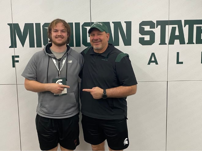Class of 2026 four-star offensive lineman Maxwell Riley with Michigan State offensive line coach/run game coordinator Jim Michalczik on April 2, 2024. (Photo courtesy of Maxwell Riley)