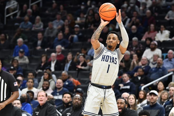 Feb 26, 2023; Washington, District of Columbia, USA; Georgetown Hoyas guard Primo Spears (1) shoots against the Providence Friars during the first half at Capital One Arena. 