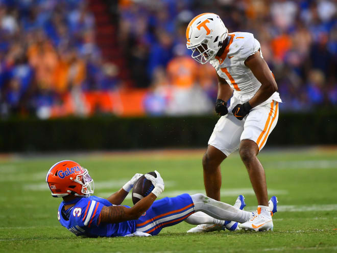 Tennessee defensive back Gabe Jeudy-Lally (1) stands over Florida wide receiver Eugene Wilson III (3) during the NCAA football game at Ben Hill Griffin Stadium in Gainesville, Fla., on Saturday, Sept. 16, 2023.