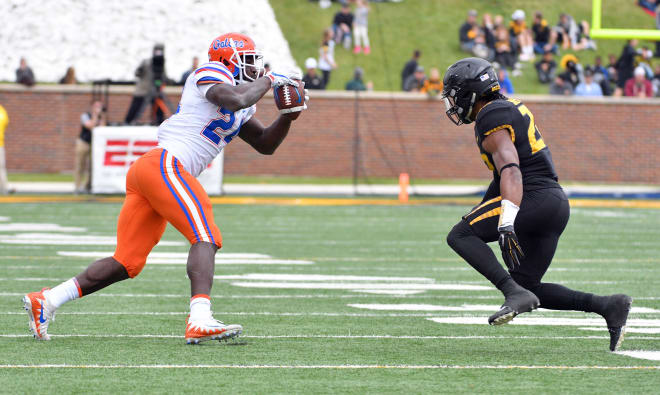 Nov 4, 2017; Columbia, MO, USA; Florida Gators running back Lamical Perine (22) catches a pass as Missouri Tigers defensive back Anthony Sherrils (22) defends during the first half at Faurot Field. 